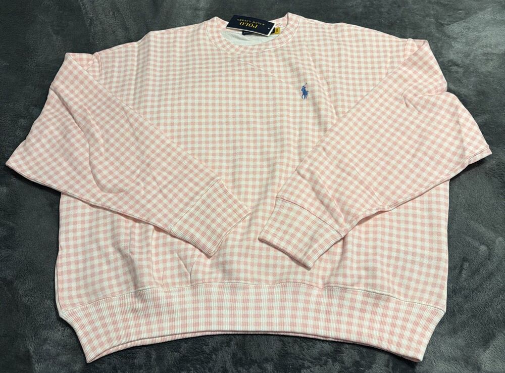 Medium Polo Ralph Lauren Gingham Fleece Sweatshirt Pink White - Picture 12 of 13